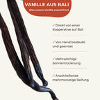 Dunkle Vanilleschoten aus Bali mit Informationen zu Herkunft, Handbestäubung, Trocknung und Reifung.